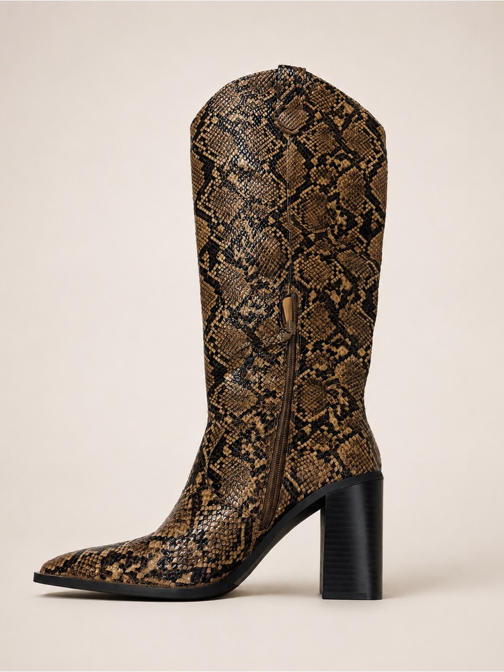 Faux Snakeskin Mid-Calf Block Heel Boots - Brown/Black size 9